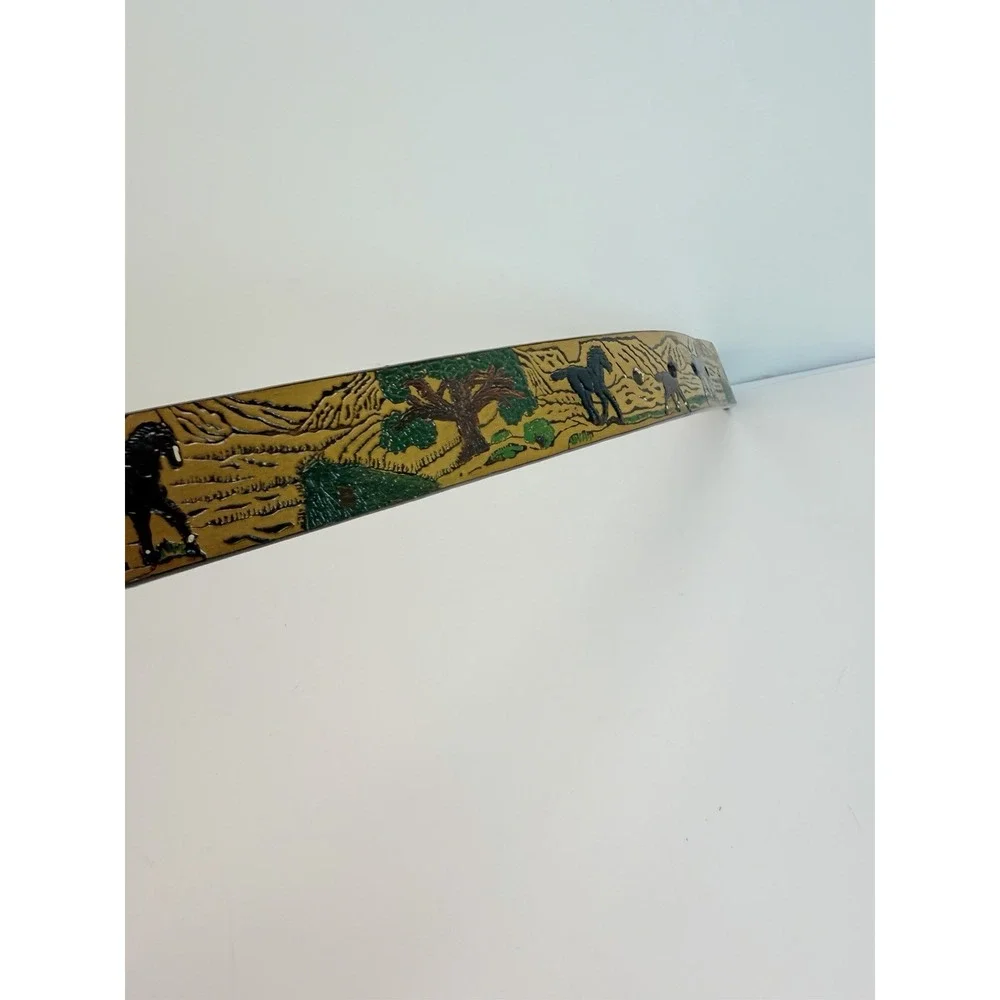 Nocona Western Leather Belt Size 26 Hand Painted Horse Tree Mountain Scenery